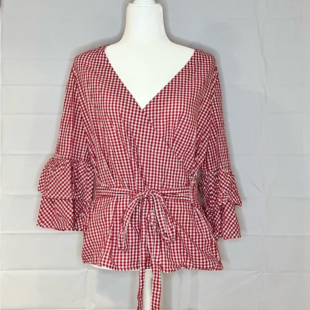 Beach Lunch Lounge Red Gingham L shirt with 3/4 ruffle sleeve and wrap belt